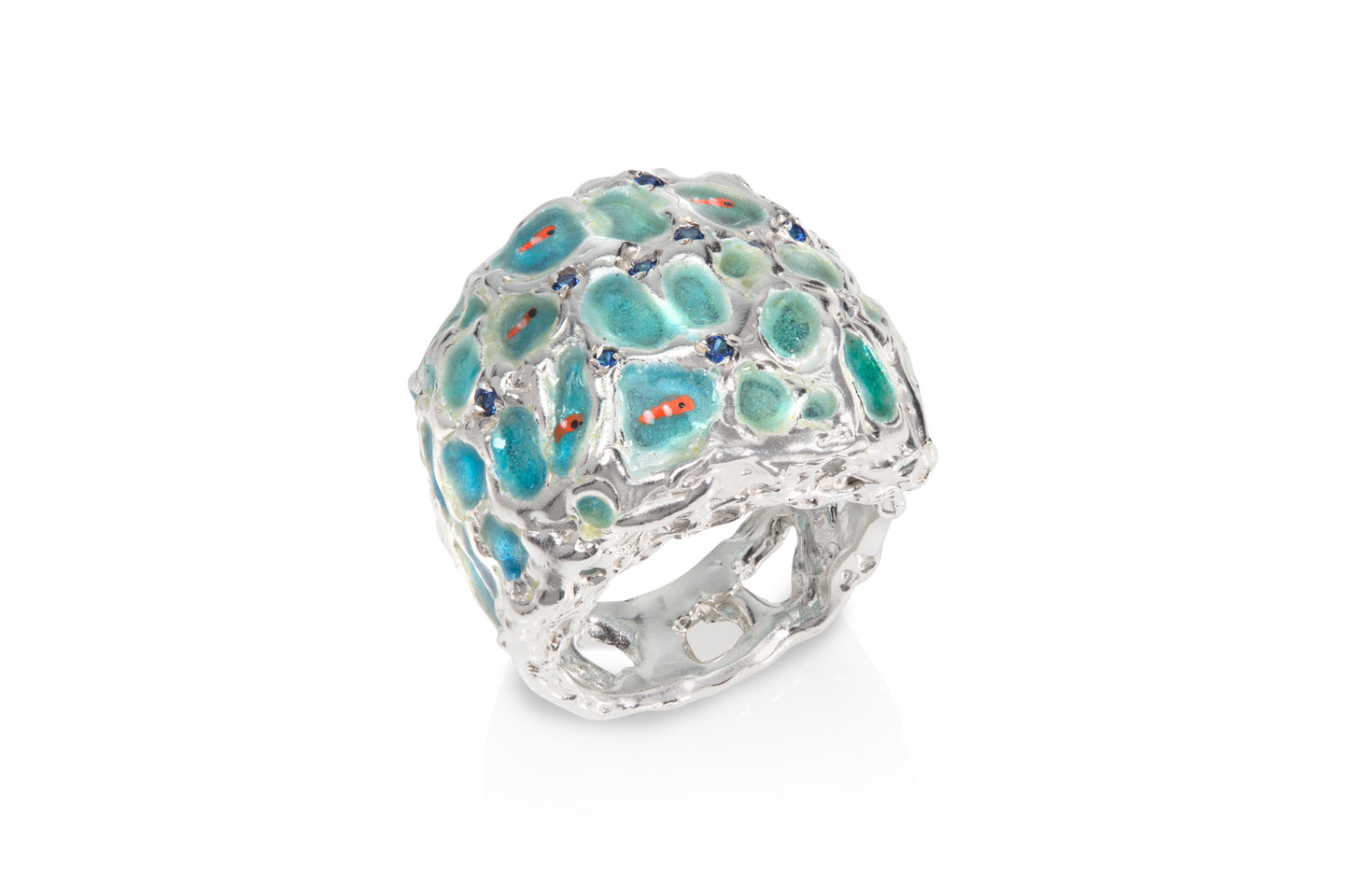 Silver Ring with Plique-à-Jour Enamel, Fishes and Blue Sapphires