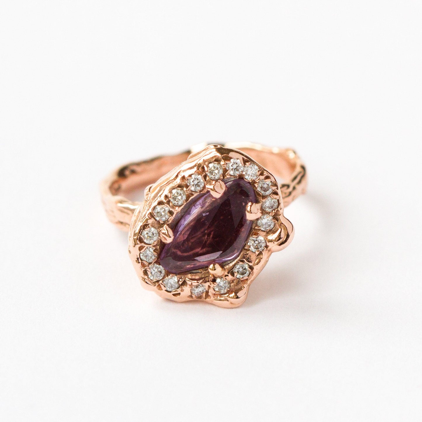 Rose gold ring handmade set with white diamonds and rose/purple sapphire rose cut - LaParra Jewels-BESPOKE HAND MADE JEWLERY LONDON